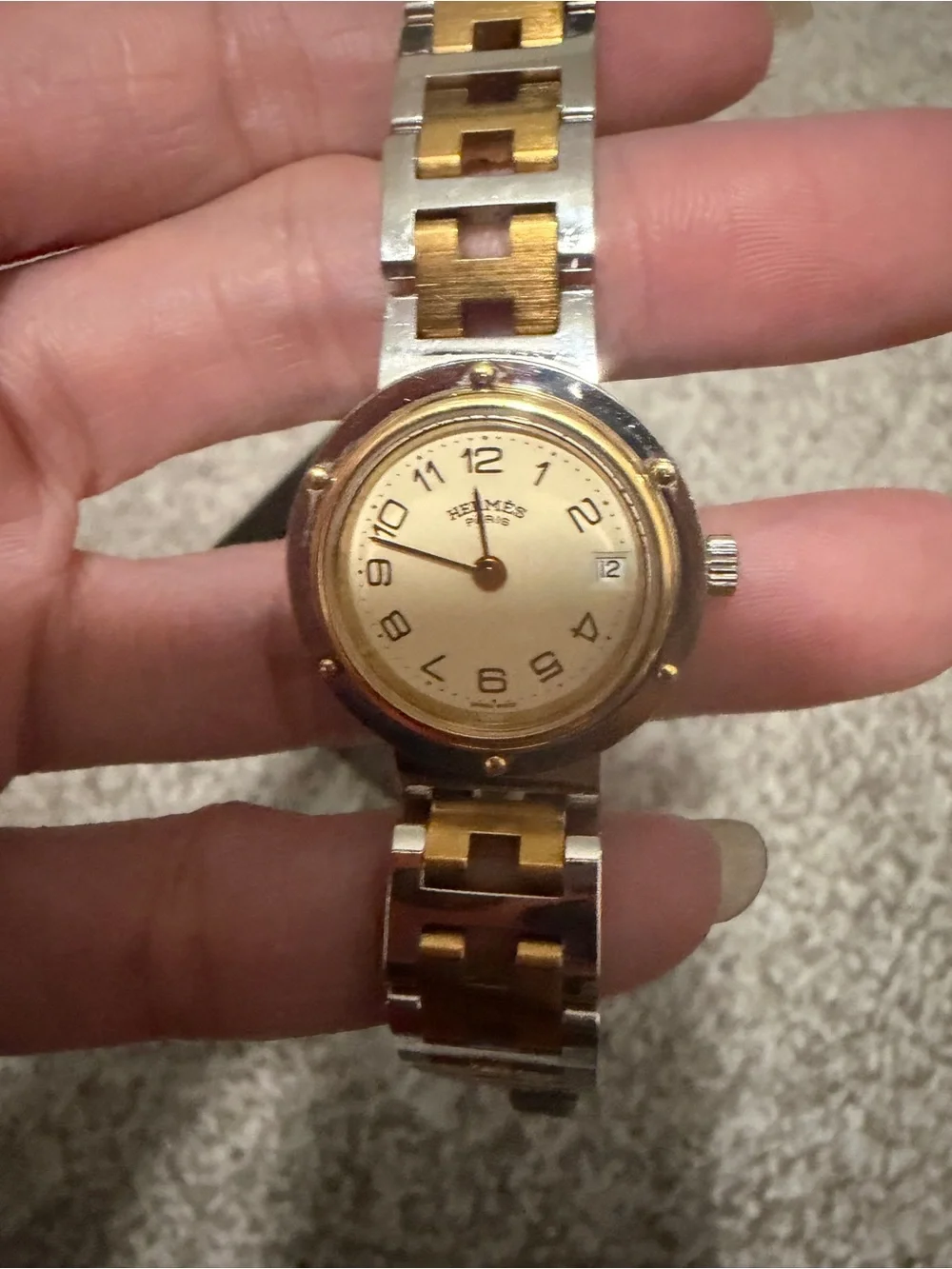 “Preloved” Hermes Clipper TwoTone Watch with Interlocking Links
